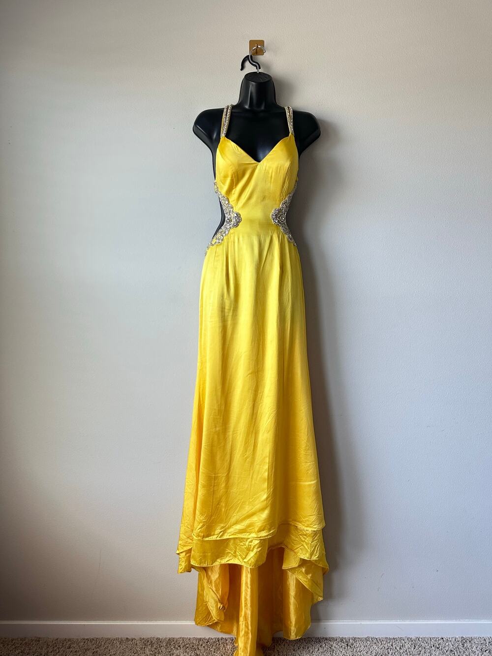Vintage Y2K Jovani Silk Rhinestone Cutout Hi Low Pageant Evening Gown Dress Hoco